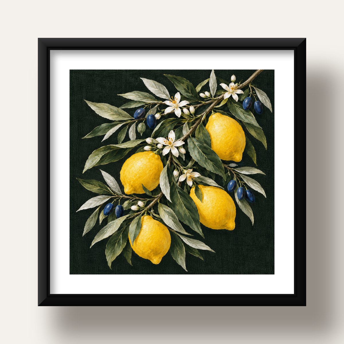 Gece Limon Bahçesi Akdeniz Botanik Poster — siyah derin çerçeveli paspartulu