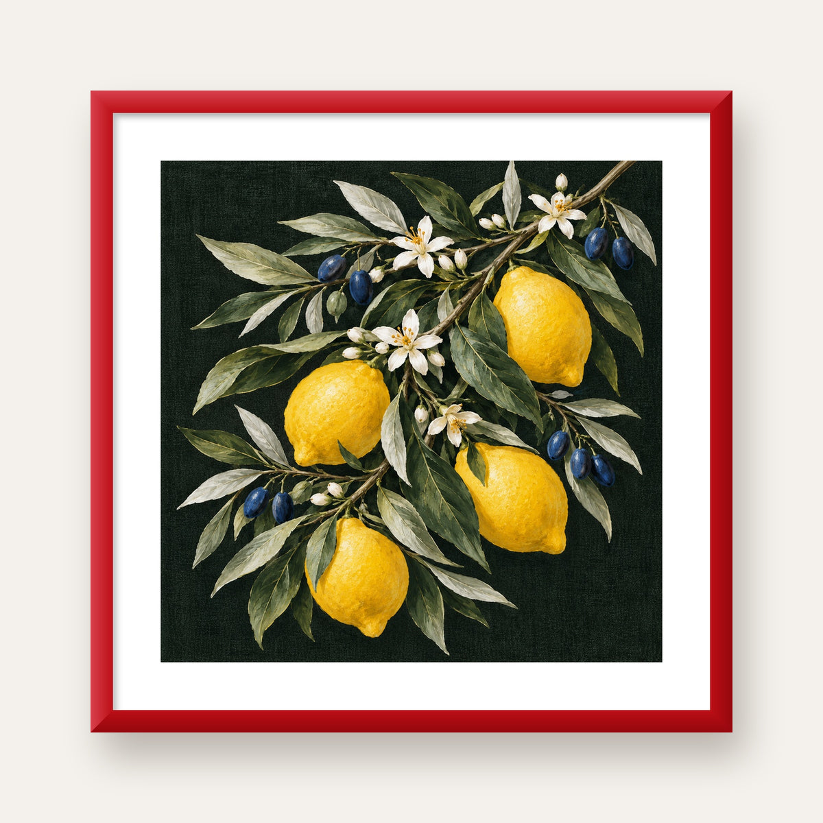 Gece Limon Bahçesi Akdeniz Botanik Poster — kırmızı çerçeveli paspartulu