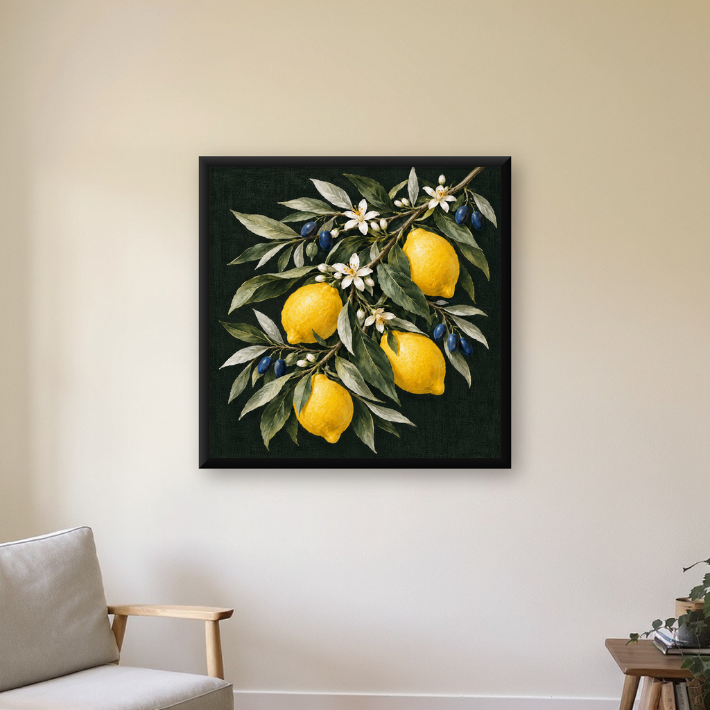 Limon Dalı Natürmort - Klasik Detaylı Sanat Posteri — Kare baskı, çerçeveli hâliyle bir ev duvarında