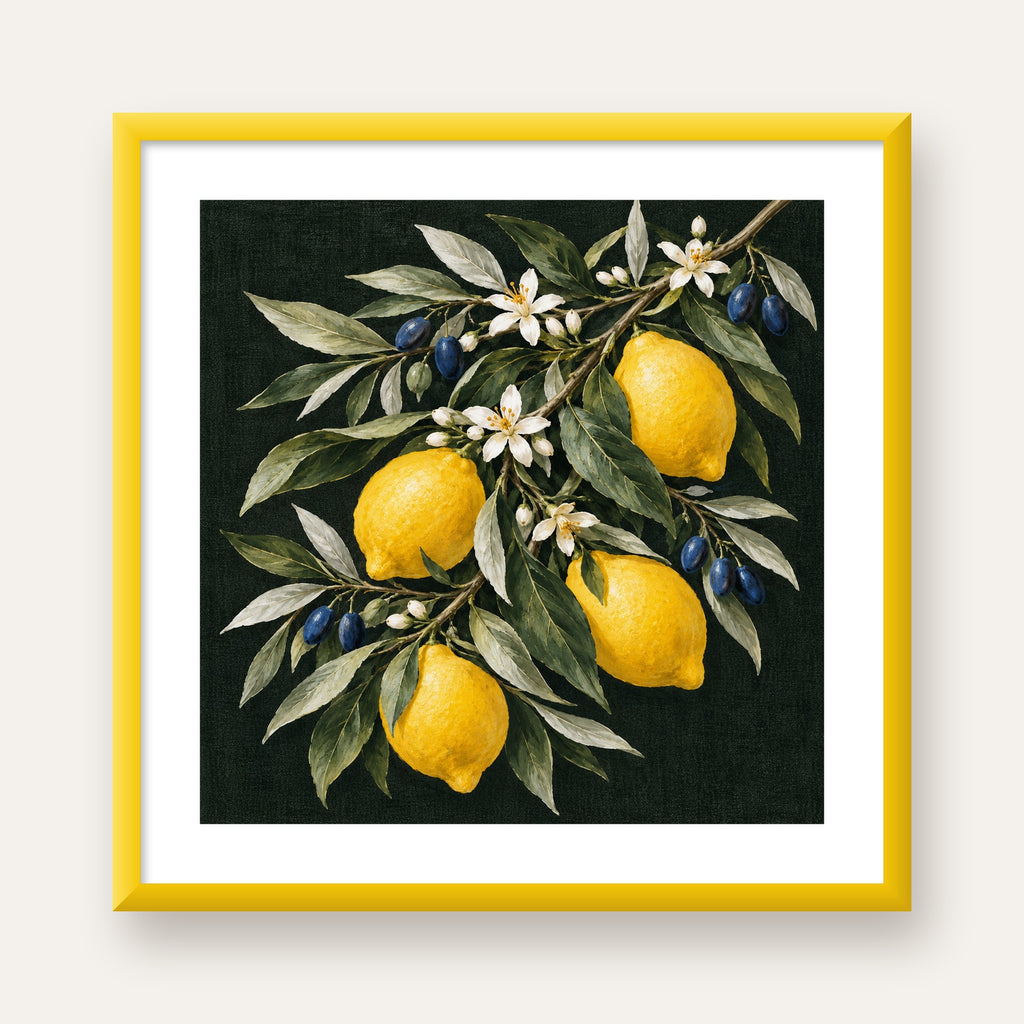 Gece Limon Bahçesi Akdeniz Botanik Poster — sarı çerçeveli paspartulu
