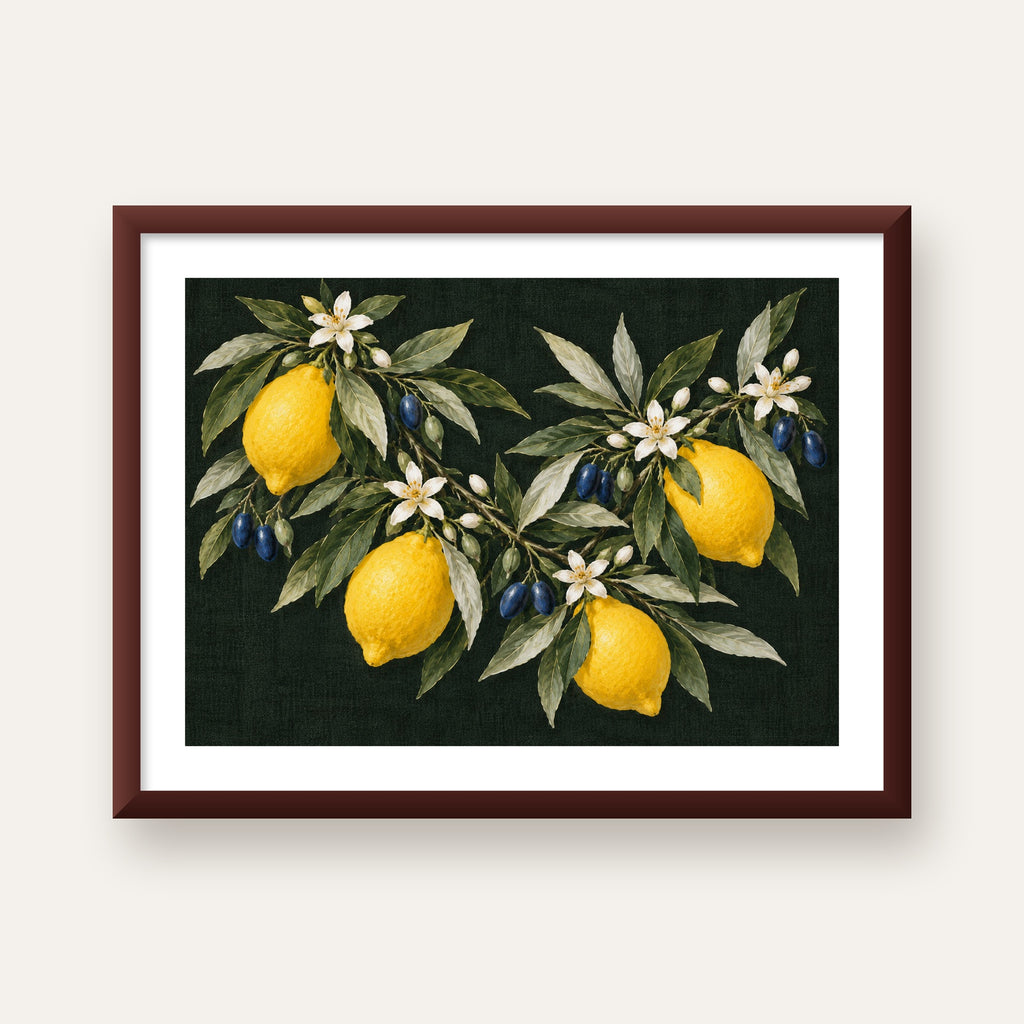 Gece Limon Bahçesi Akdeniz Botanik Poster — ceviz çerçeveli paspartulu