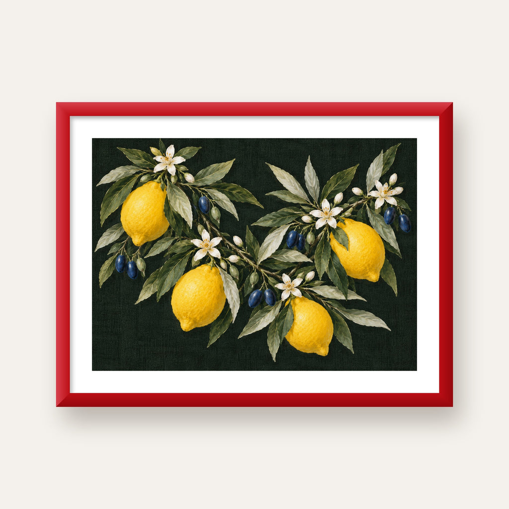 Gece Limon Bahçesi Akdeniz Botanik Poster — kırmızı çerçeveli paspartulu