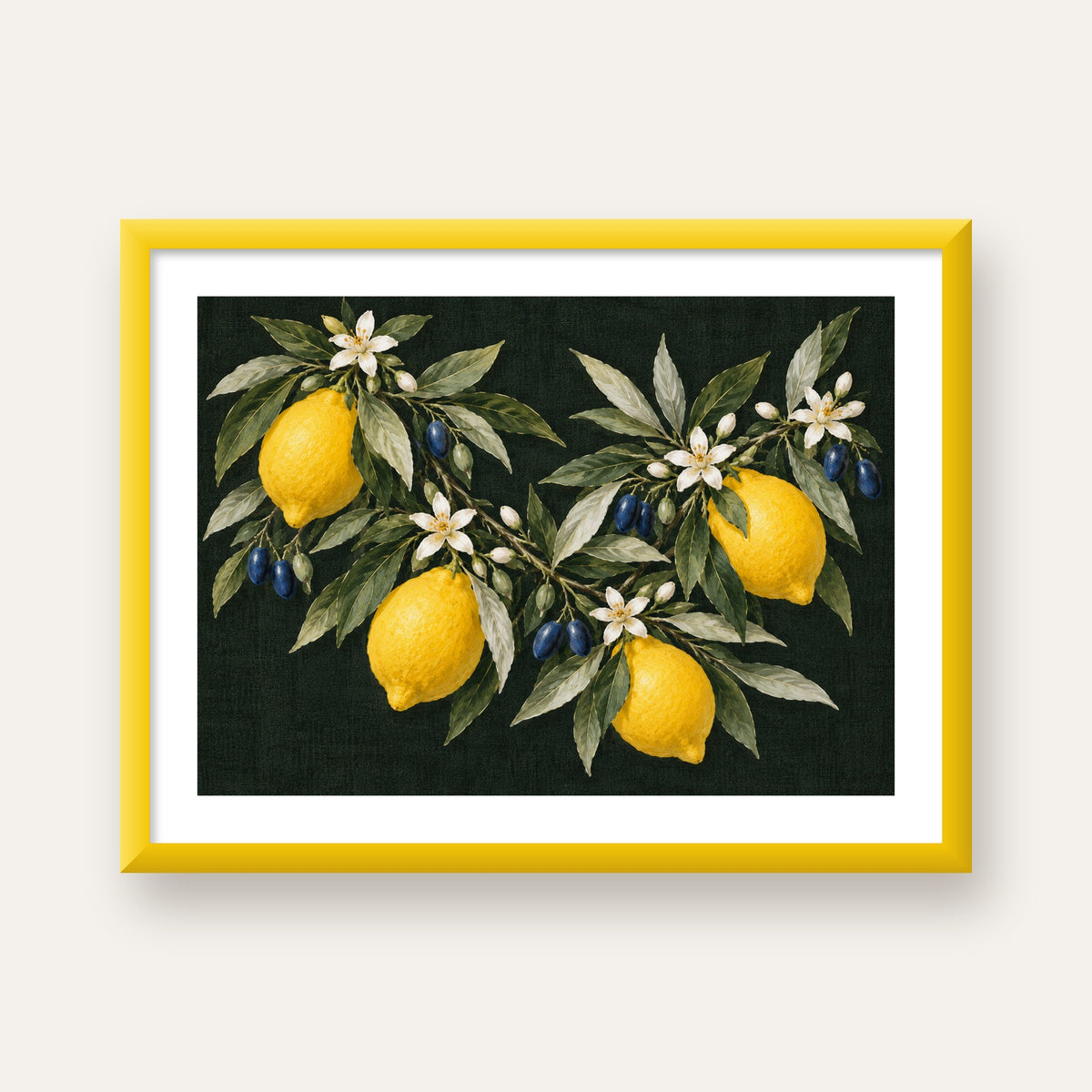 Gece Limon Bahçesi Akdeniz Botanik Poster — sarı çerçeveli paspartulu