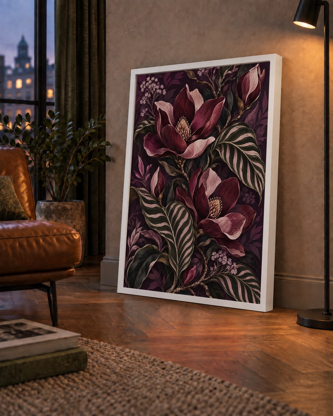 Gece Manolyası ve Çizgili Yapraklar Botanik Poster — çerçeveli hâliyle bir ev duvarında