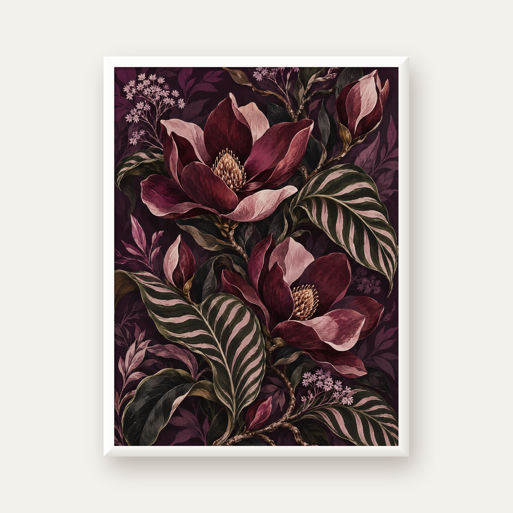 Gece Manolyası ve Çizgili Yapraklar Botanik Poster — beyaz çerçeveli dikey poster