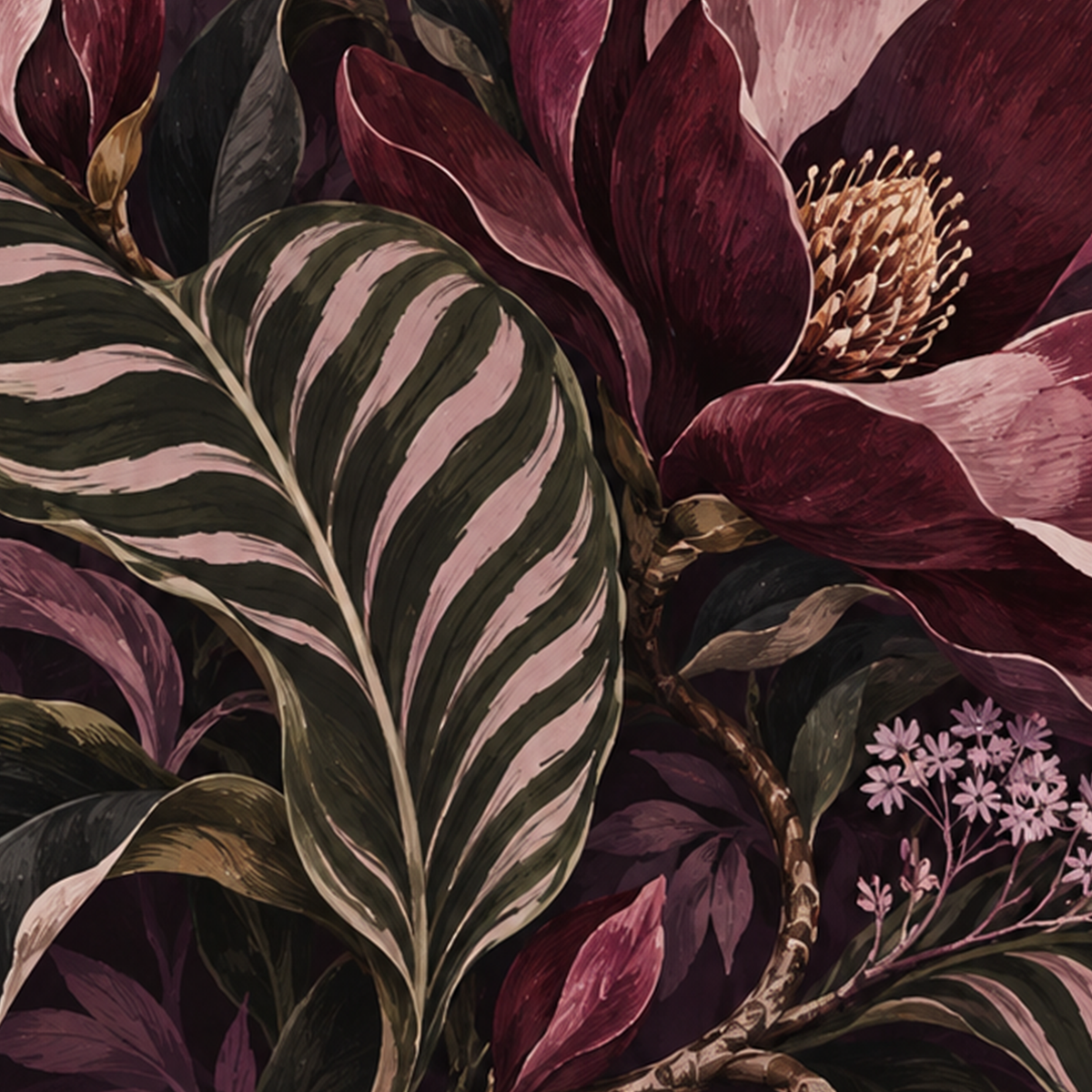 Bordo Çiçekli Botanical Desen Poster – Doğadan İlham Alan Sanat — baskının yakın çekimi, kâğıt dokusu ve renk detayı