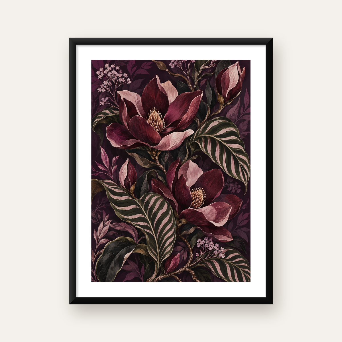 Bordo Çiçekli Botanical Desen Poster – Doğadan İlham Alan Sanat — Dikey baskı, beyaz kenar boşluklu