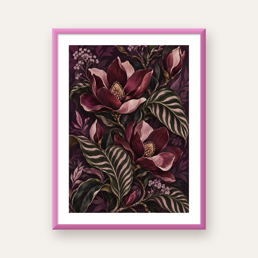 Gece Manolyası ve Çizgili Yapraklar Botanik Poster — pembe çerçeveli paspartulu