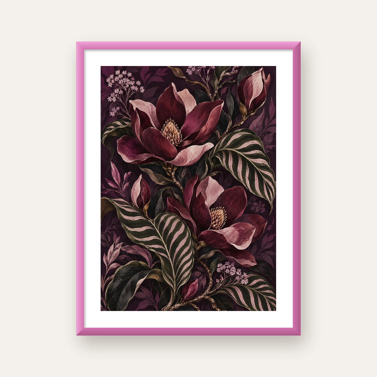Gece Manolyası ve Çizgili Yapraklar Botanik Poster — pembe çerçeveli paspartulu