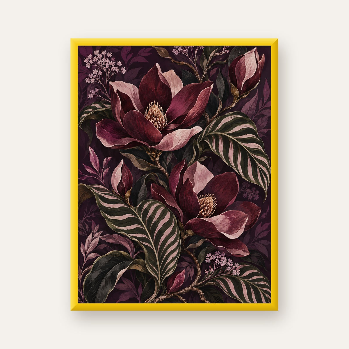 Gece Manolyası ve Çizgili Yapraklar Botanik Poster — sarı çerçeveli