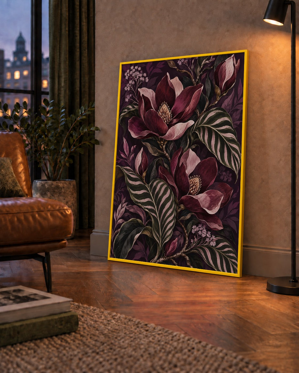 Gece Manolyası ve Çizgili Yapraklar Botanik Poster — çerçeveli hâliyle bir ev duvarında
