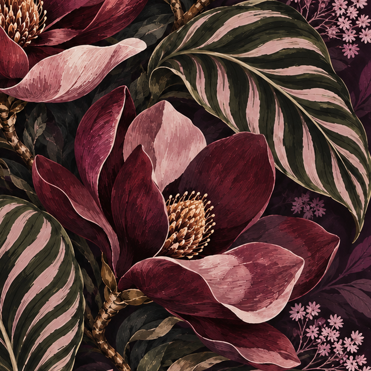 Bordo Çiçekli Botanical Desen Poster – Doğadan İlham Alan Sanat — baskının yakın çekimi, kâğıt dokusu ve renk detayı