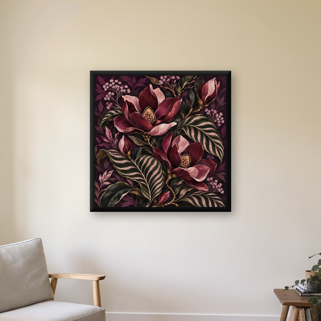 Bordo Çiçekli Botanical Desen Poster – Doğadan İlham Alan Sanat — Kare baskı, çerçeveli hâliyle bir ev duvarında