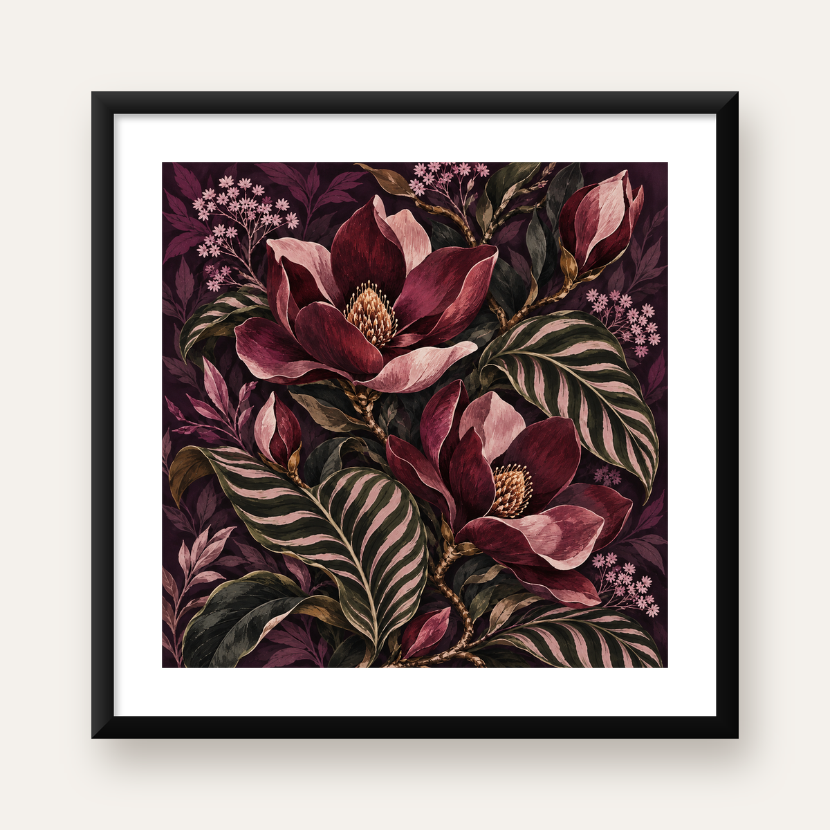 Bordo Çiçekli Botanical Desen Poster – Doğadan İlham Alan Sanat — Kare baskı, beyaz kenar boşluklu
