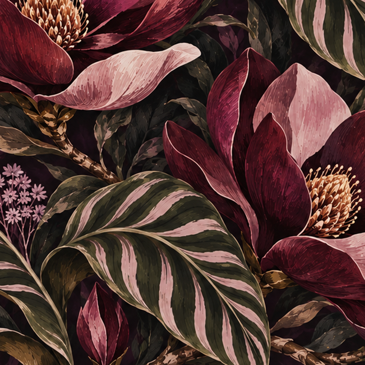 Bordo Çiçekli Botanical Desen Poster – Doğadan İlham Alan Sanat — baskının yakın çekimi, kâğıt dokusu ve renk detayı