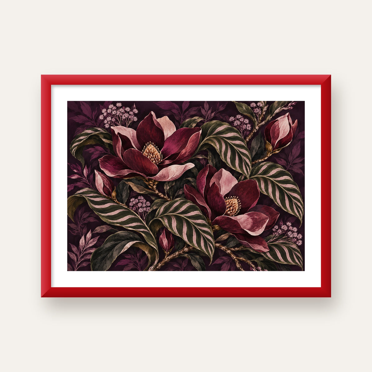 Gece Manolyası ve Çizgili Yapraklar Botanik Poster — kırmızı çerçeveli paspartulu