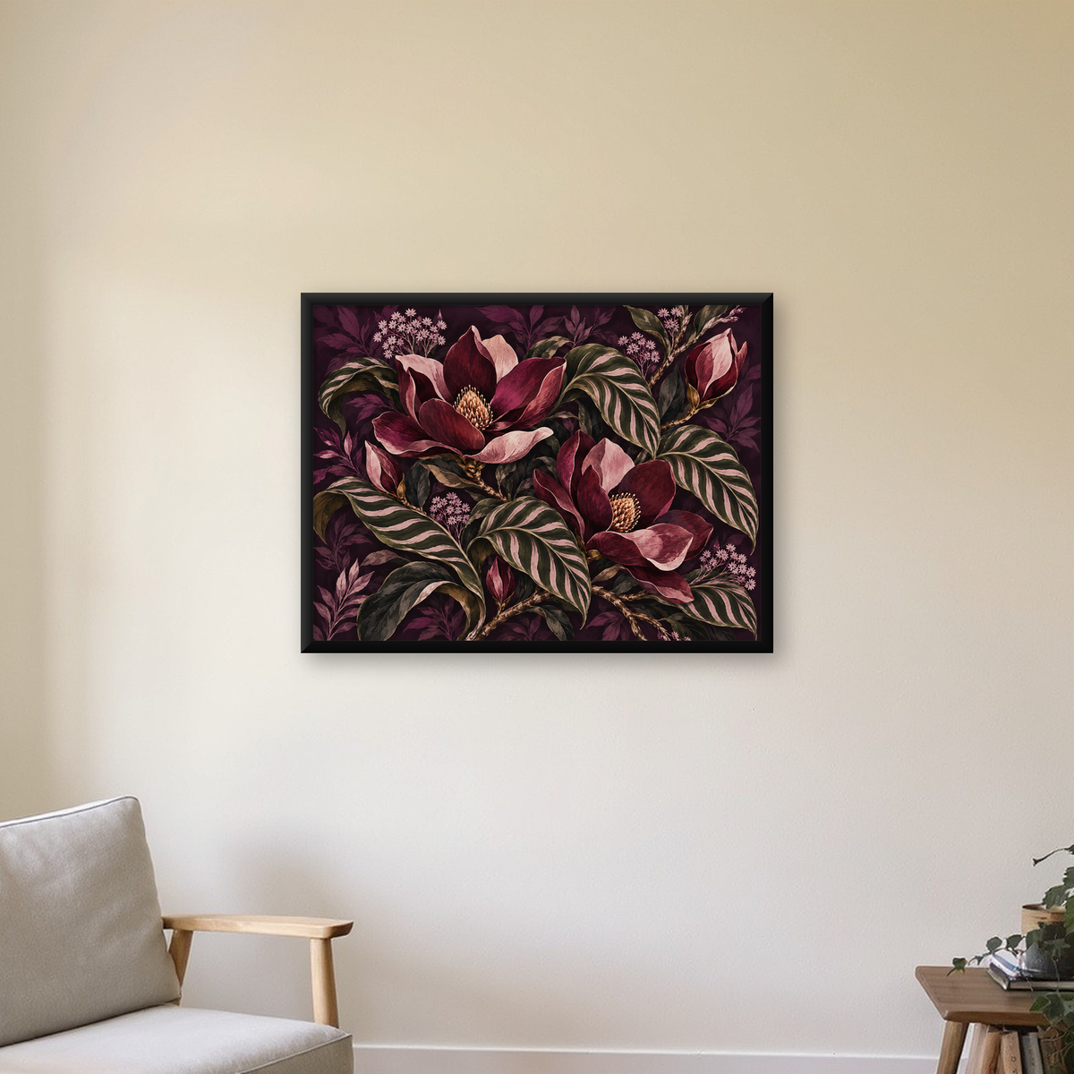 Bordo Çiçekli Botanical Desen Poster – Doğadan İlham Alan Sanat — Yatay baskı, çerçeveli hâliyle bir ev duvarında