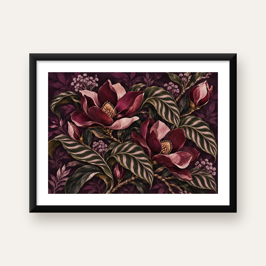 Bordo Çiçekli Botanical Desen Poster – Doğadan İlham Alan Sanat — Yatay baskı, beyaz kenar boşluklu