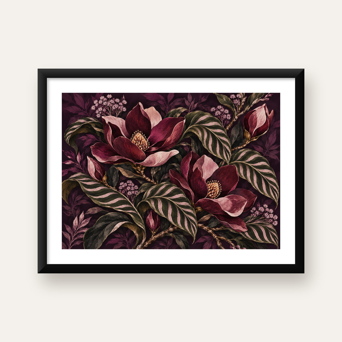 Bordo Çiçekli Botanical Desen Poster – Doğadan İlham Alan Sanat — Yatay baskı, beyaz kenar boşluklu