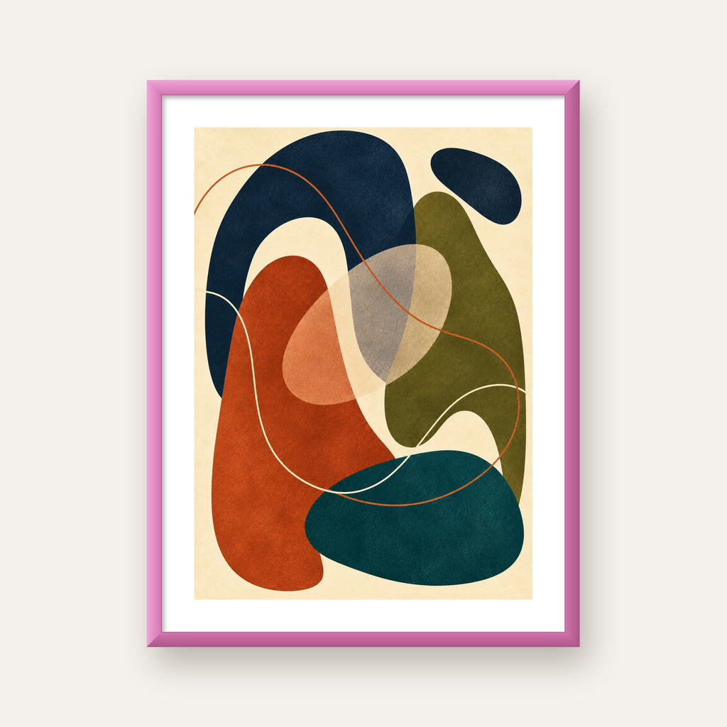 Soyut Renkli Organik Formlar – Modern Dijital Poster — pembe çerçeveli paspartulu