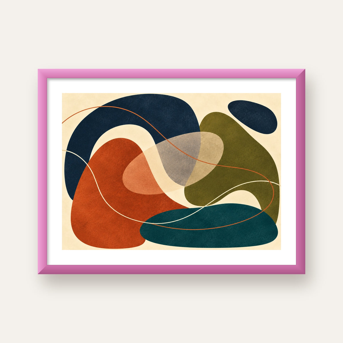 Soyut Renkli Organik Formlar – Modern Dijital Poster — pembe çerçeveli paspartulu