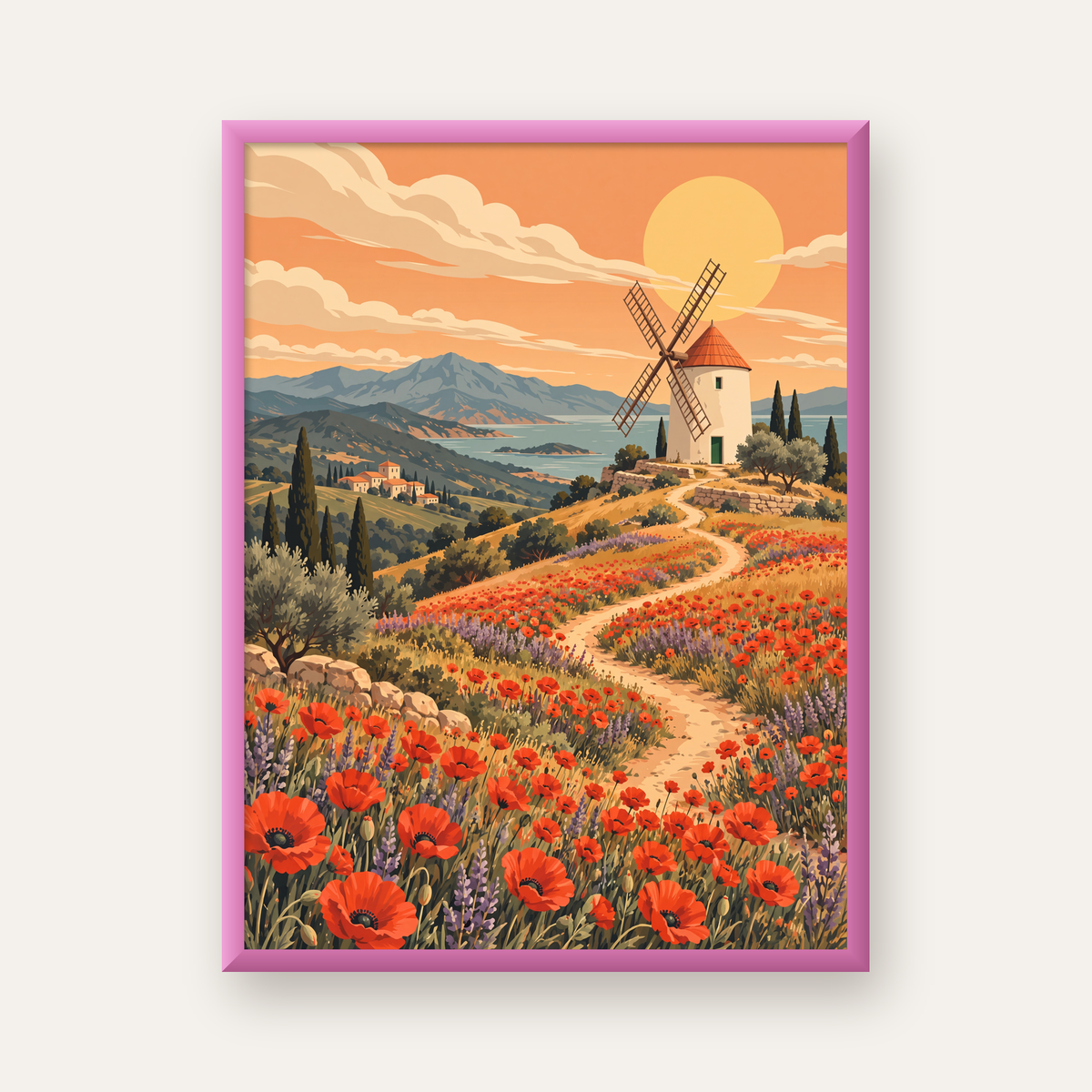 Kırda Yel Değirmeni ve Gelincikler İllüstrasyon Poster — pembe çerçeveli