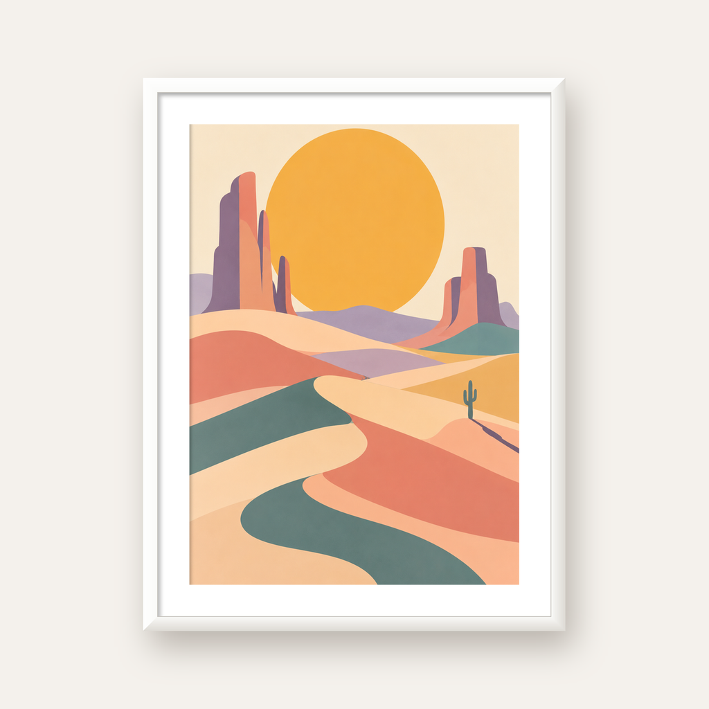 Geometrik Çöl Manzarası — beyaz çerçeveli dikey poster
