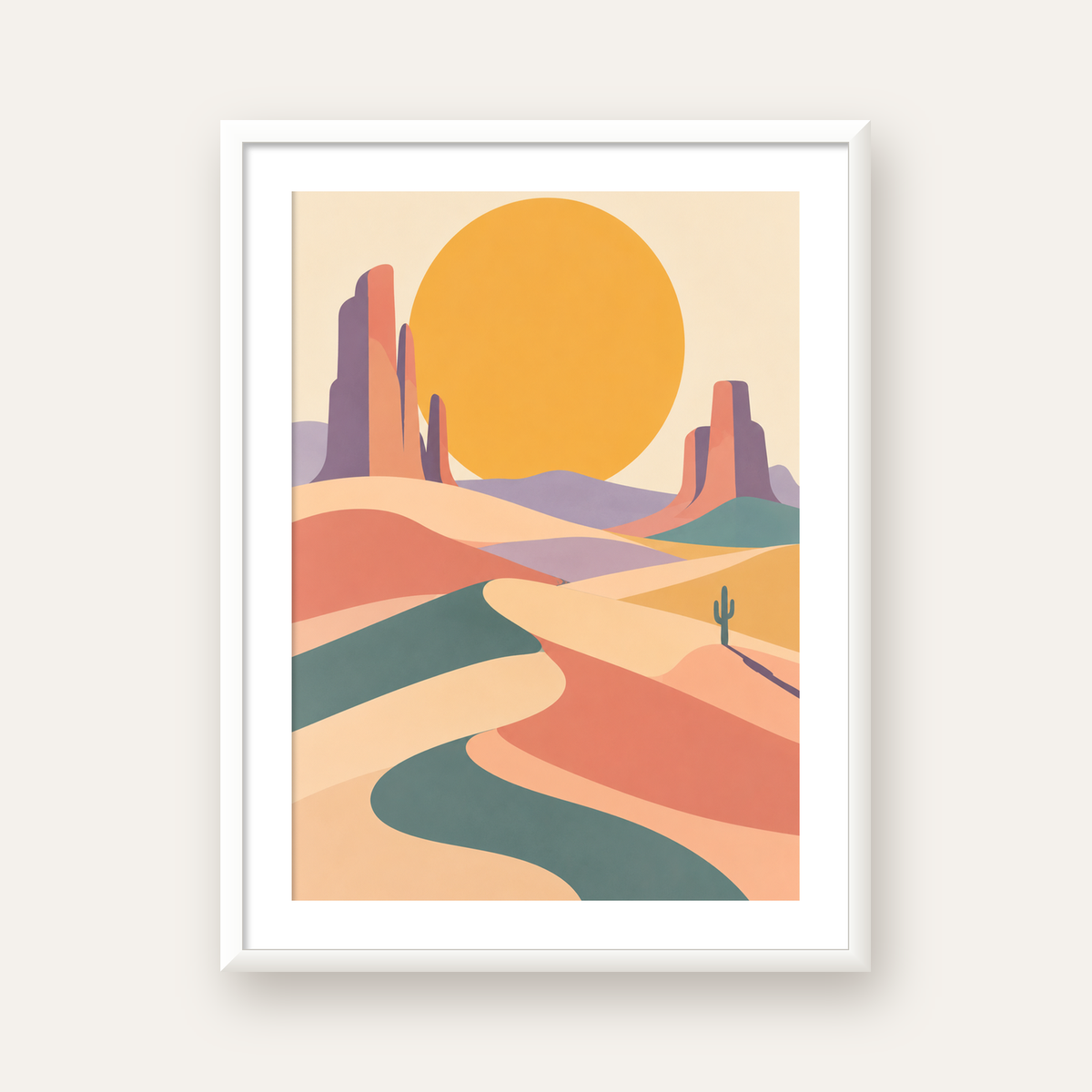 Geometrik Çöl Manzarası — beyaz çerçeveli dikey poster