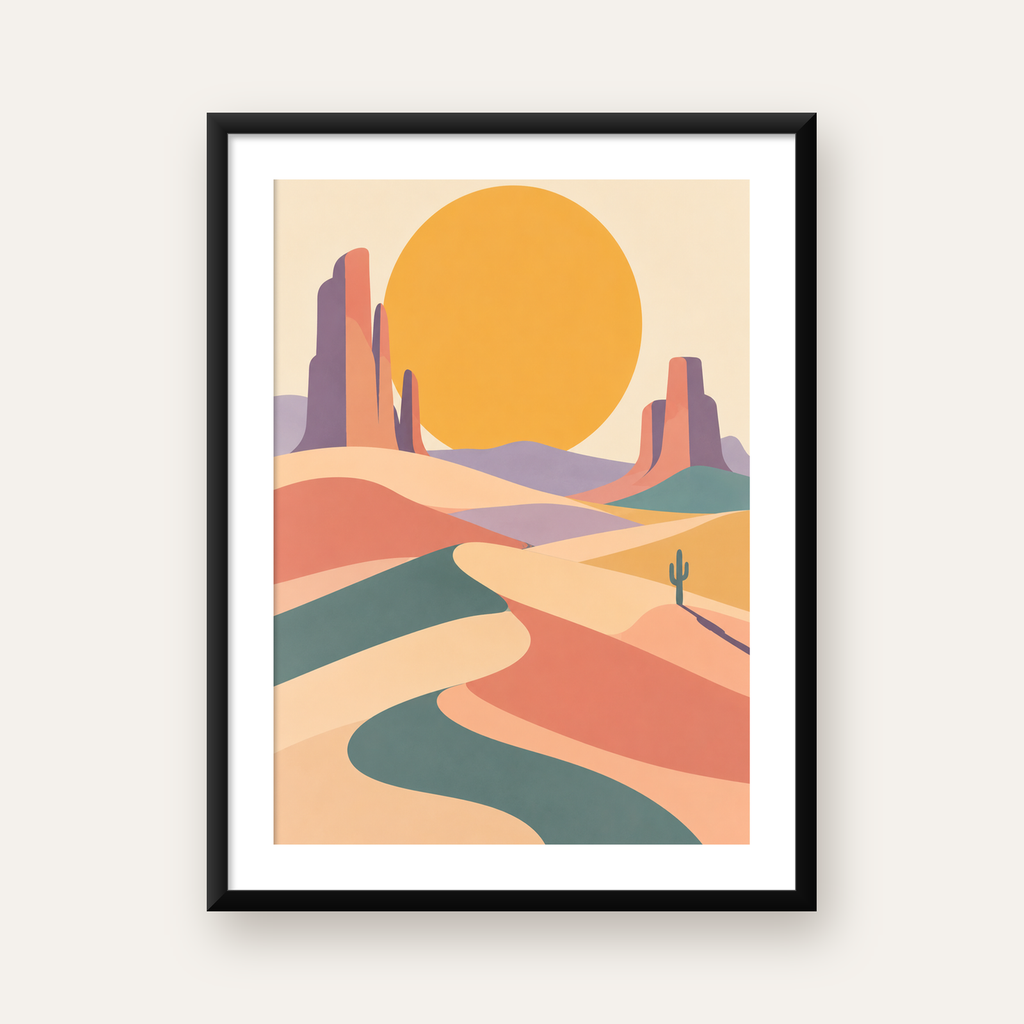 Soyut Çöl Manzarası – Minimalist Turuncu Güneş Poster — Dikey baskı, beyaz kenar boşluklu