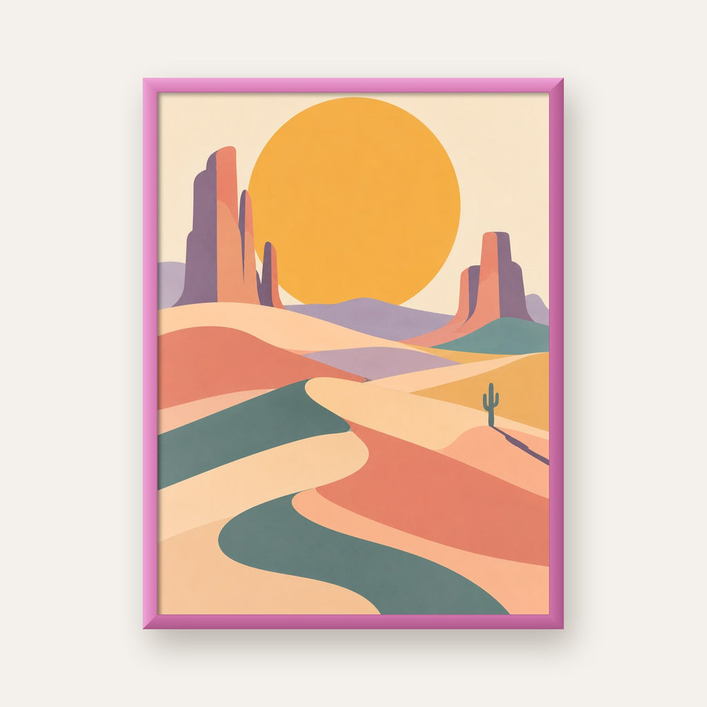 Geometrik Çöl Manzarası — pembe çerçeveli