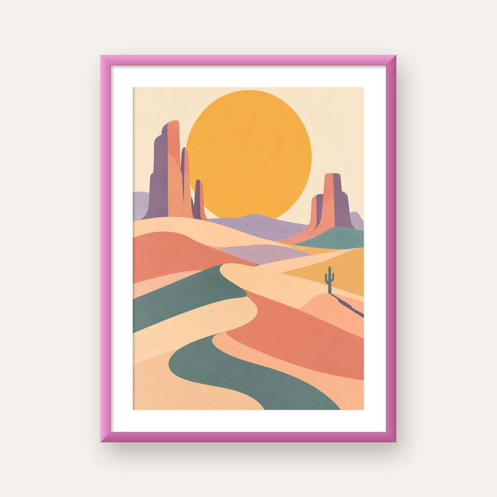 Geometrik Çöl Manzarası — pembe çerçeveli paspartulu