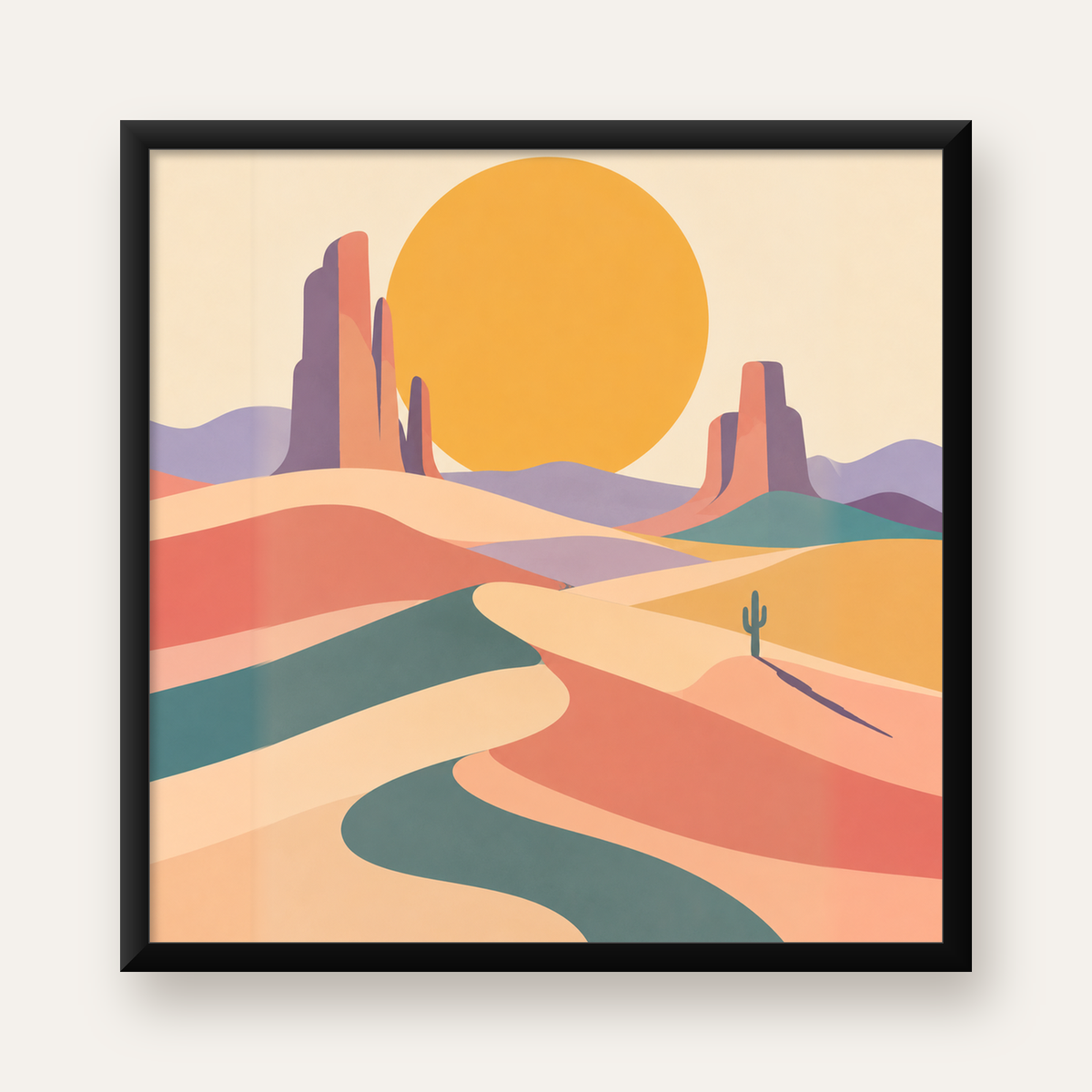 Soyut Çöl Manzarası – Minimalist Turuncu Güneş Poster — Kare baskı, düz siyah çerçeveli duvar posteri