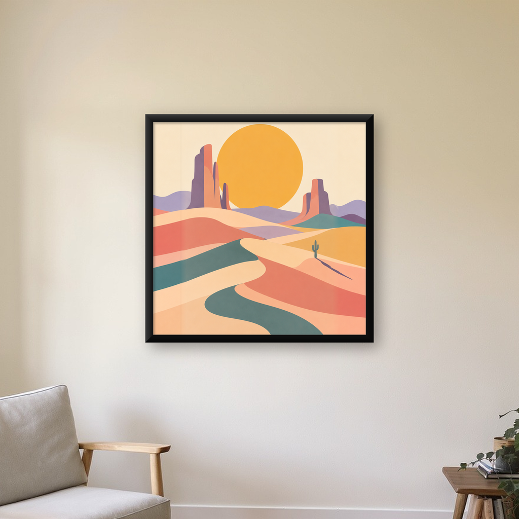 Soyut Çöl Manzarası – Minimalist Turuncu Güneş Poster — Kare baskı, çerçeveli hâliyle bir ev duvarında