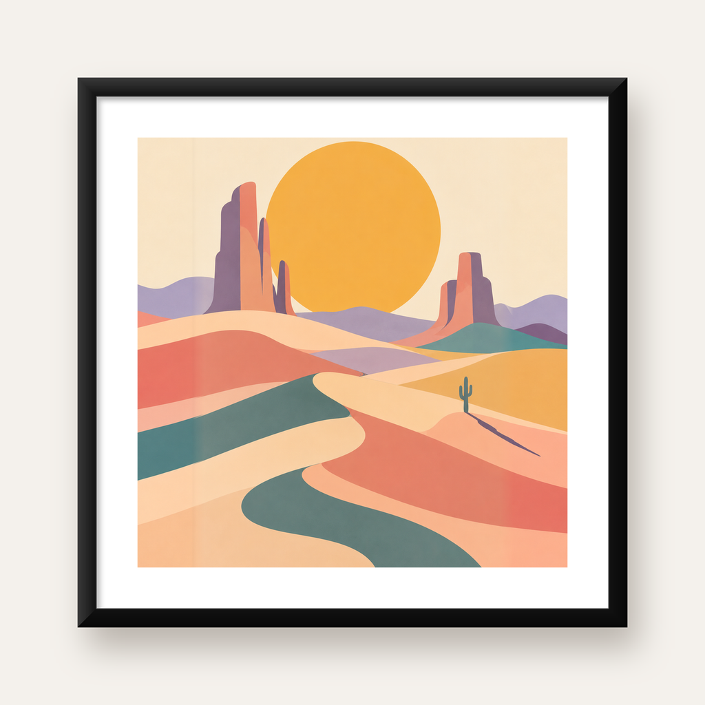 Soyut Çöl Manzarası – Minimalist Turuncu Güneş Poster — Kare baskı, beyaz kenar boşluklu