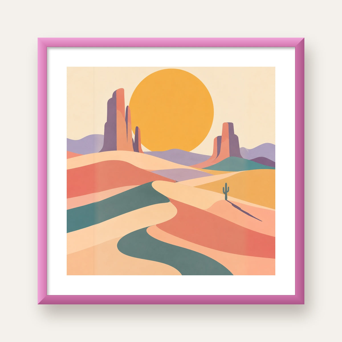 Geometrik Çöl Manzarası — pembe çerçeveli paspartulu