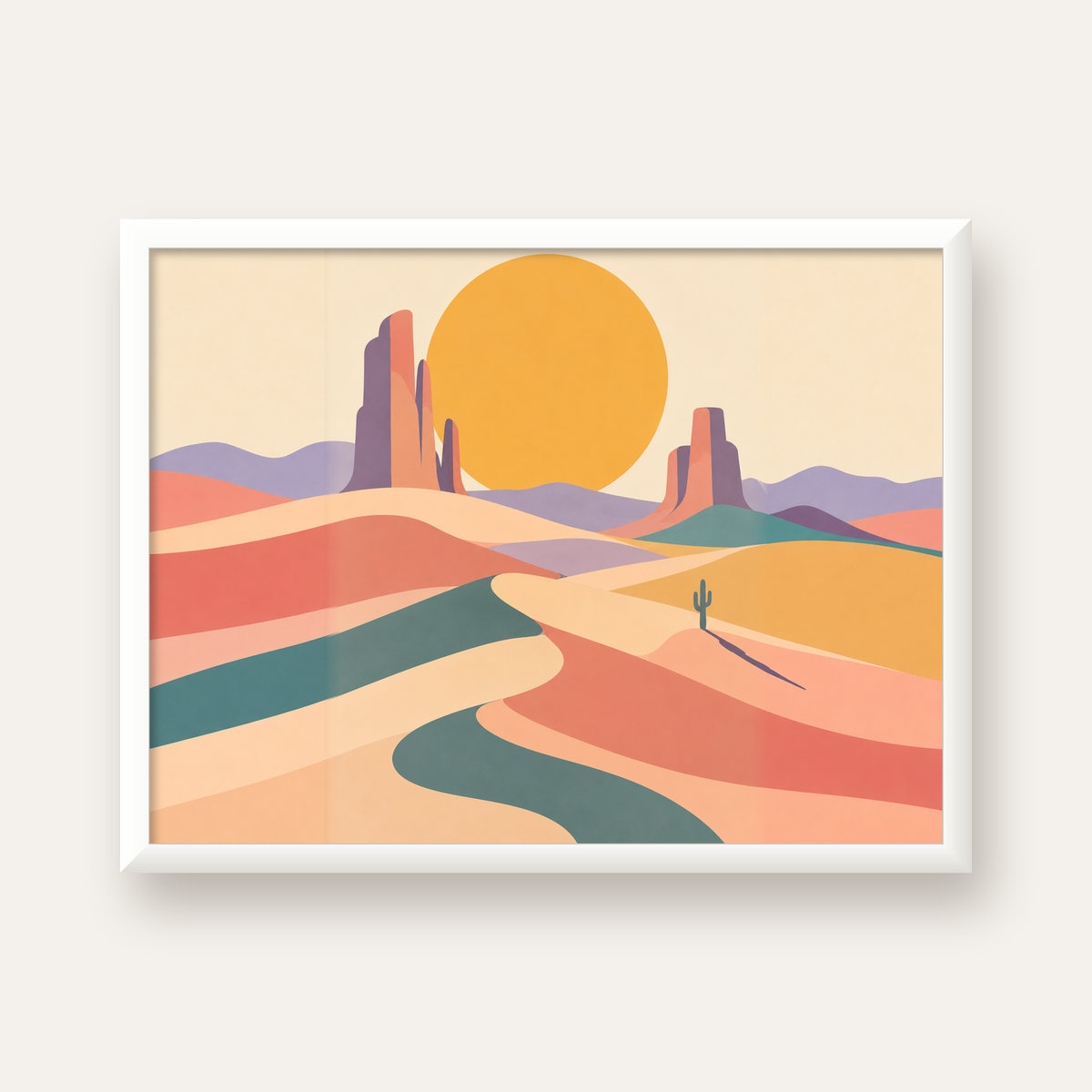 Geometrik Çöl Manzarası — beyaz çerçeveli yatay poster