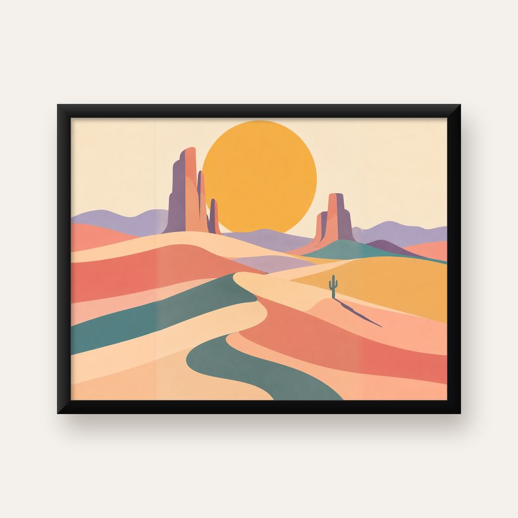 Soyut Çöl Manzarası – Minimalist Turuncu Güneş Poster — Yatay baskı, düz siyah çerçeveli duvar posteri