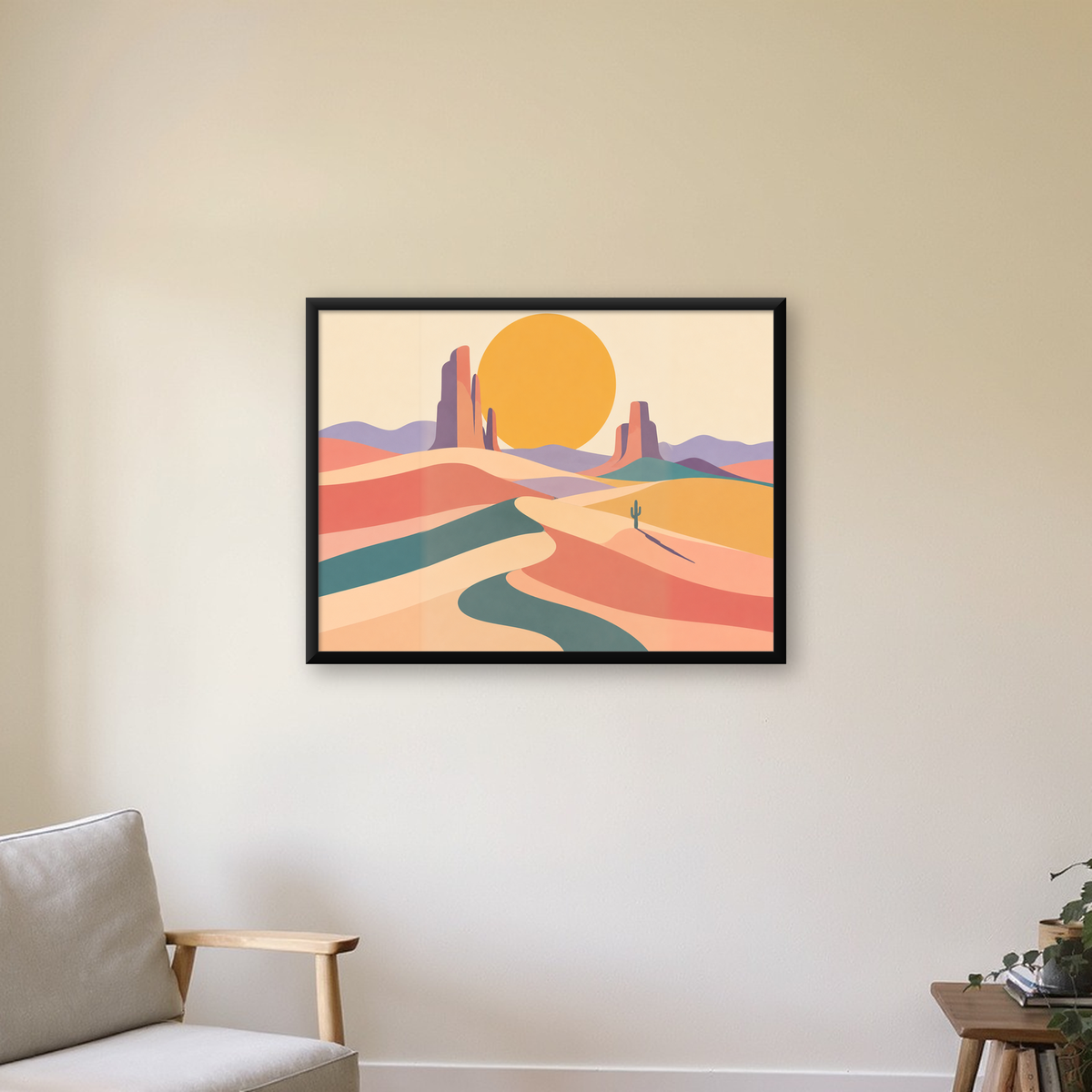 Soyut Çöl Manzarası – Minimalist Turuncu Güneş Poster — Yatay baskı, çerçeveli hâliyle bir ev duvarında