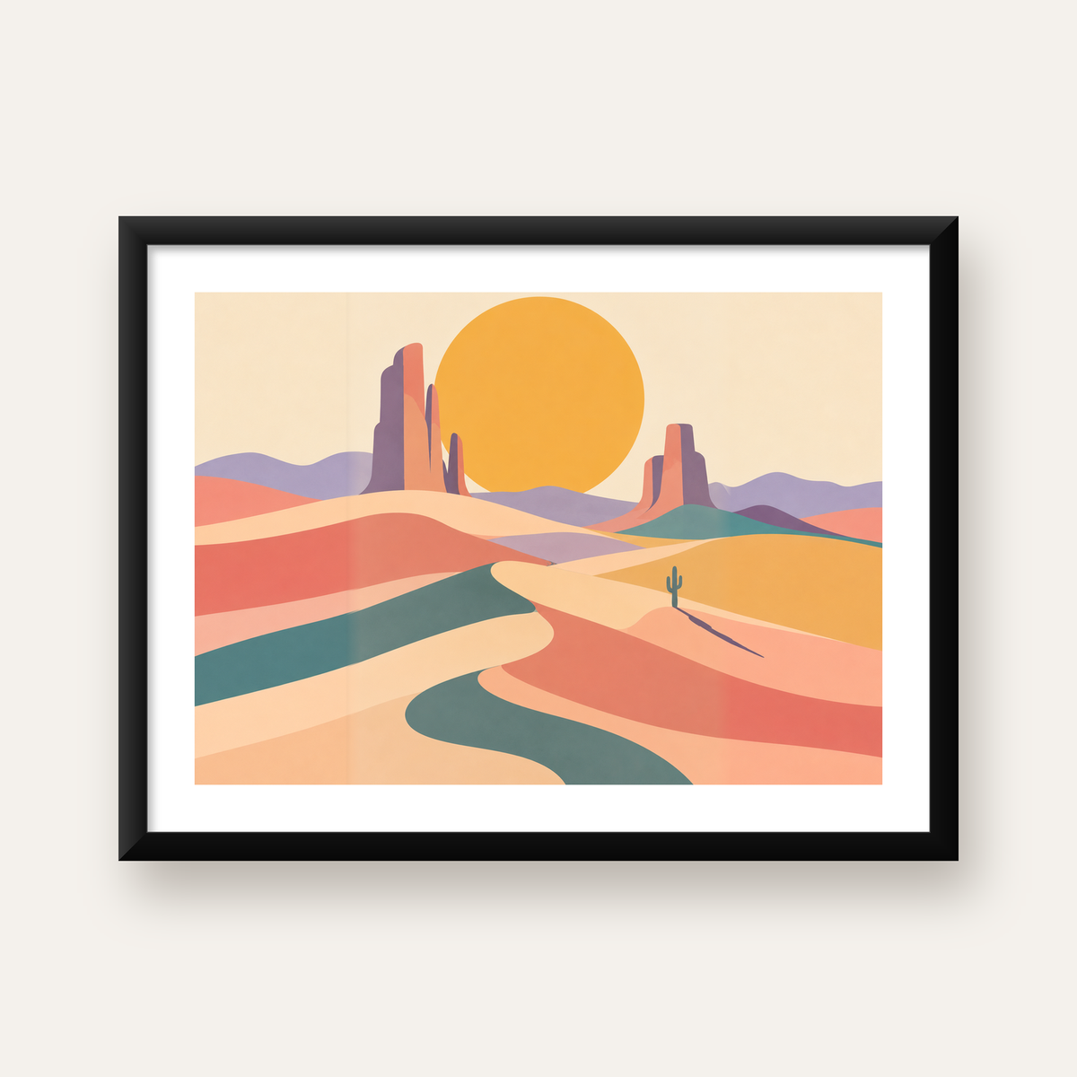 Soyut Çöl Manzarası – Minimalist Turuncu Güneş Poster — Yatay baskı, beyaz kenar boşluklu