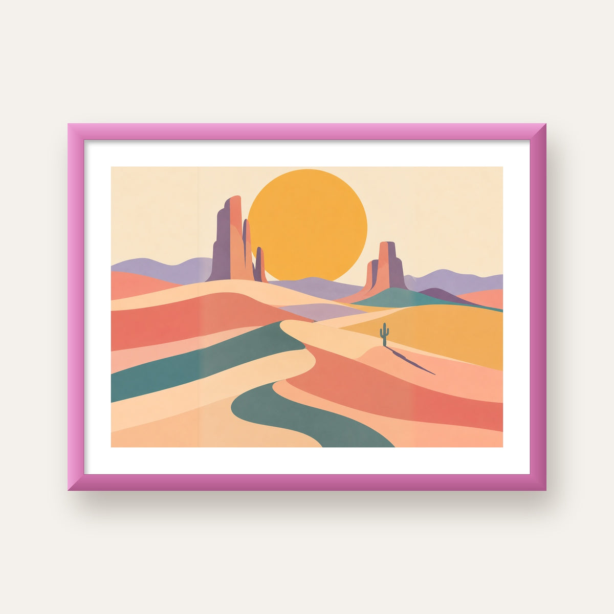 Geometrik Çöl Manzarası — pembe çerçeveli paspartulu