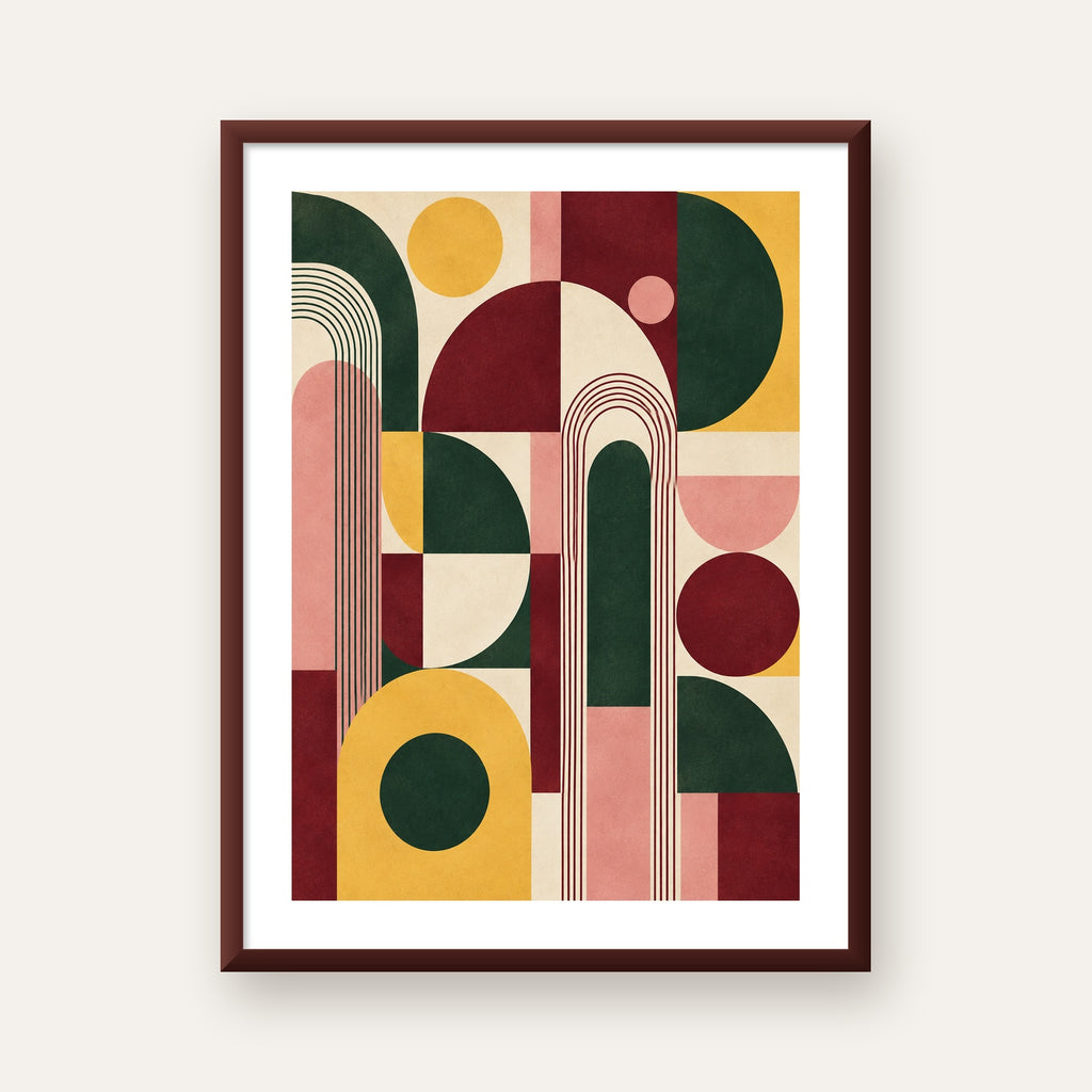 Modern Soyut Geometrik Poster – Minimal & Şık Duvar Dekoru — ceviz çerçeveli paspartulu