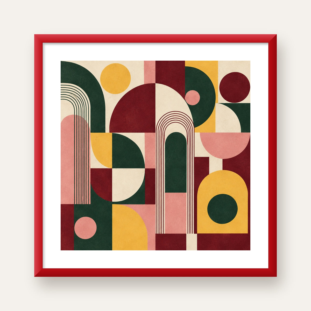 Modern Soyut Geometrik Poster – Minimal & Şık Duvar Dekoru — kırmızı çerçeveli paspartulu