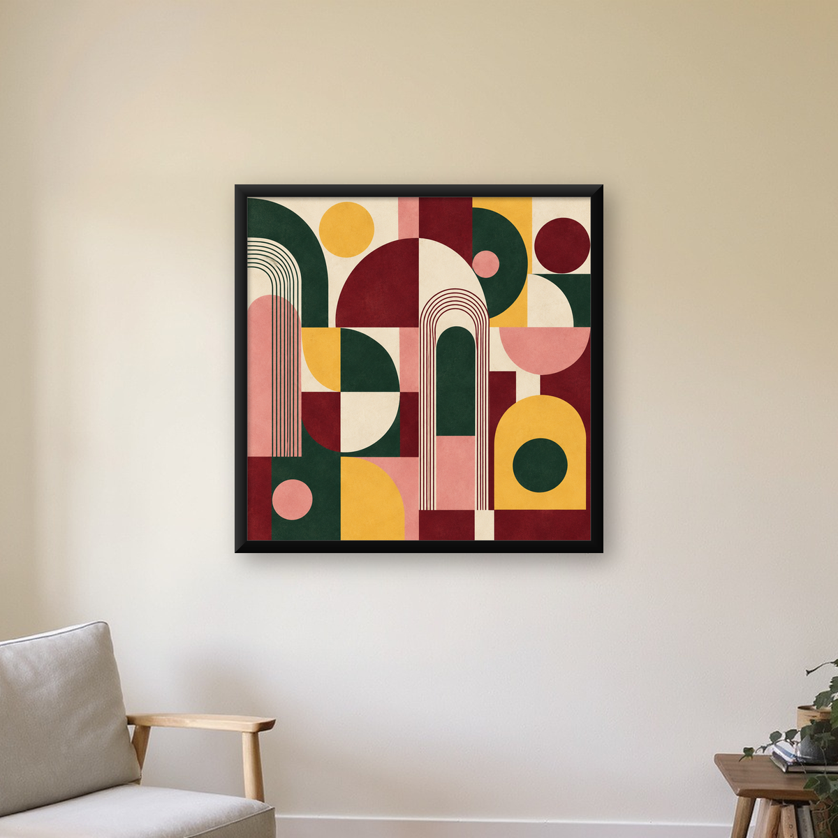Modern Soyut Geometrik Poster – Minimal & Şık Duvar Dekoru — Kare baskı, çerçeveli hâliyle bir ev duvarında