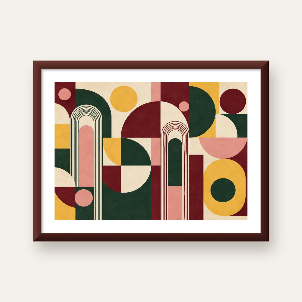 Modern Soyut Geometrik Poster – Minimal & Şık Duvar Dekoru — ceviz çerçeveli paspartulu