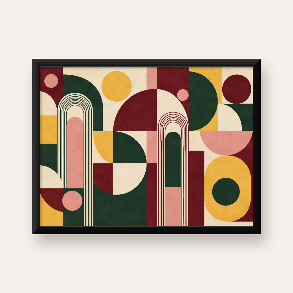 Modern Soyut Geometrik Poster – Minimal & Şık Duvar Dekoru — Yatay baskı, düz siyah çerçeveli duvar posteri