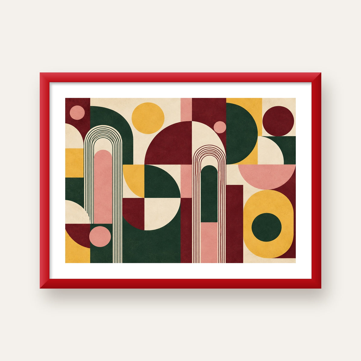 Modern Soyut Geometrik Poster – Minimal & Şık Duvar Dekoru — kırmızı çerçeveli paspartulu