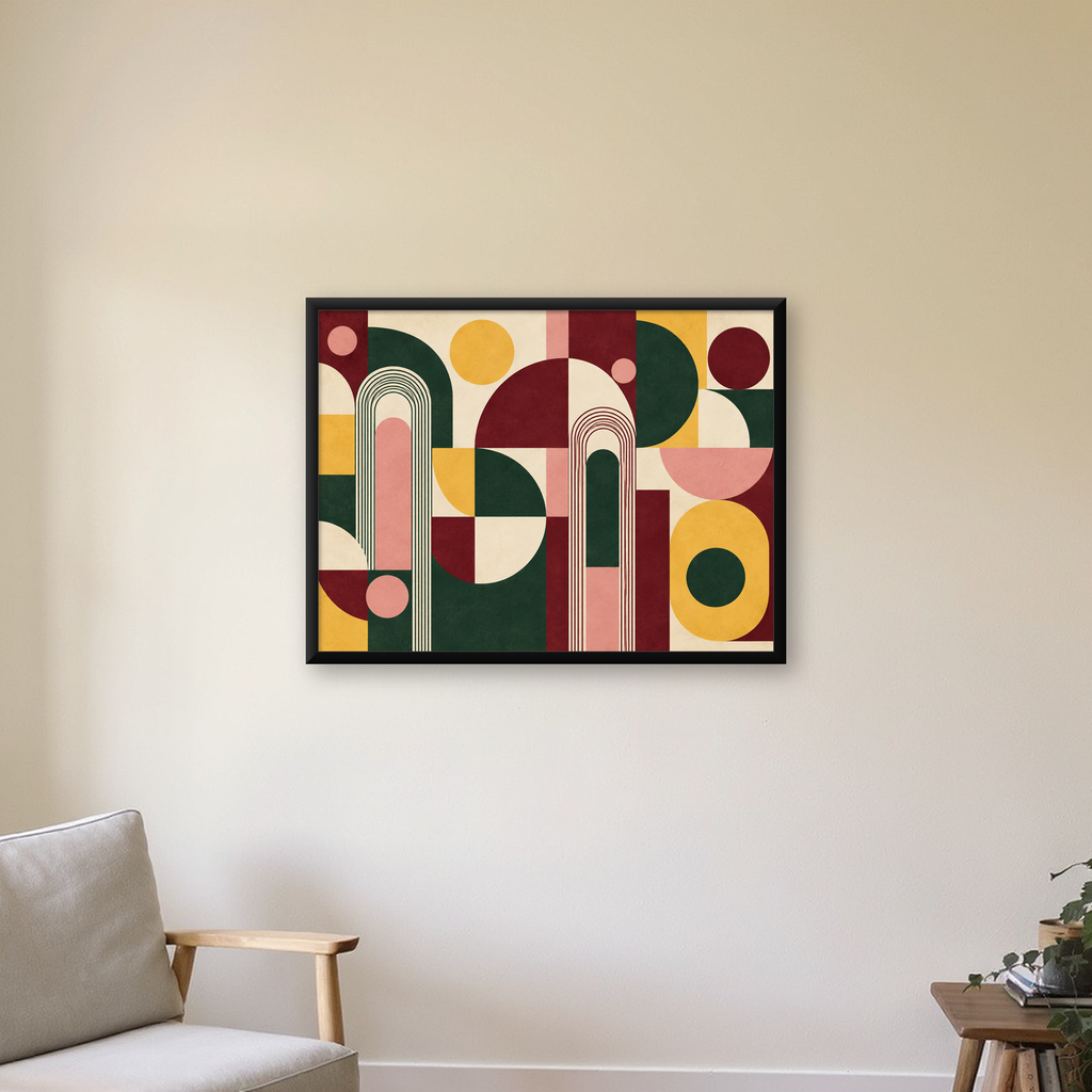 Modern Soyut Geometrik Poster – Minimal & Şık Duvar Dekoru — Yatay baskı, çerçeveli hâliyle bir ev duvarında