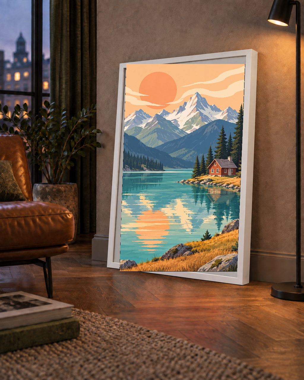 Göl Kenarında Dağ Manzarası Pastel Dijital Poster