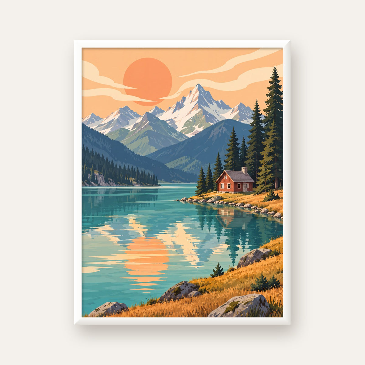 Göl Kenarında Dağ Manzarası Pastel Dijital Poster — beyaz çerçeveli dikey poster