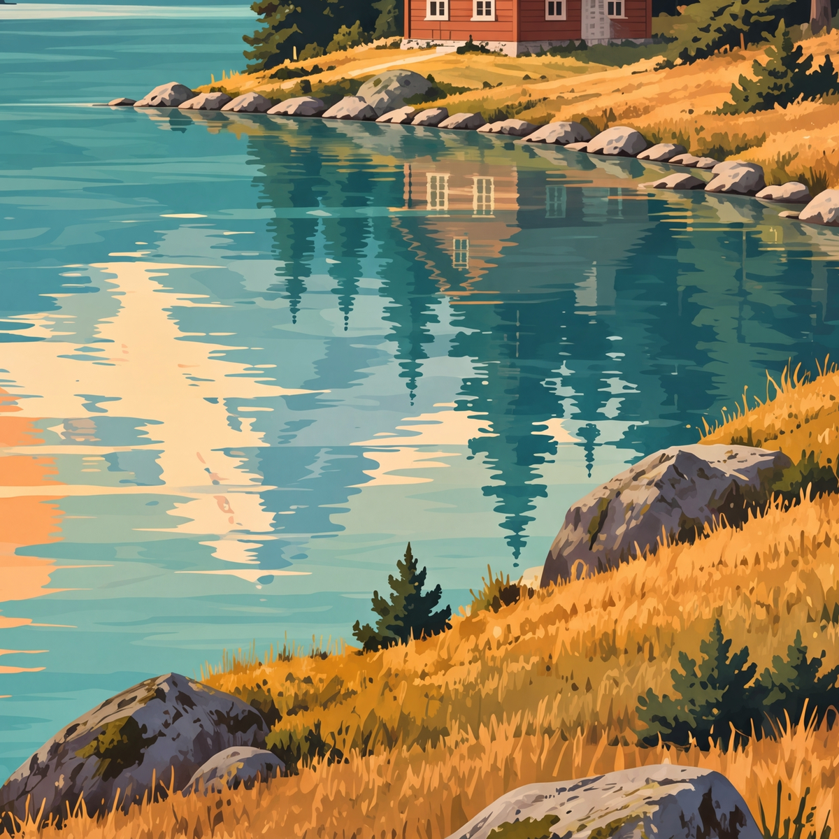 Göl Kenarında Dağ Manzarası Pastel Dijital Poster — baskının yakın çekimi, kâğıt dokusu ve renk detayı